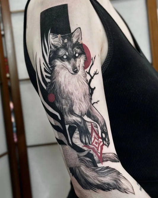 Big Illustrative Fox with Red Sun and Branches Tattoo on Women Arm by @kinivarpa