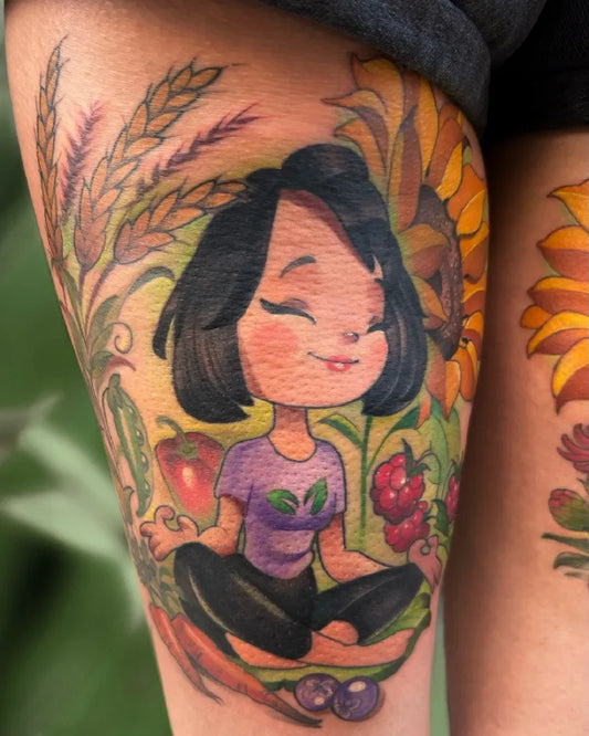Big Illustrative Girl with Sunflower and Wheat Cartoon Tattoo on Women Thigh by @petjaevlogieva