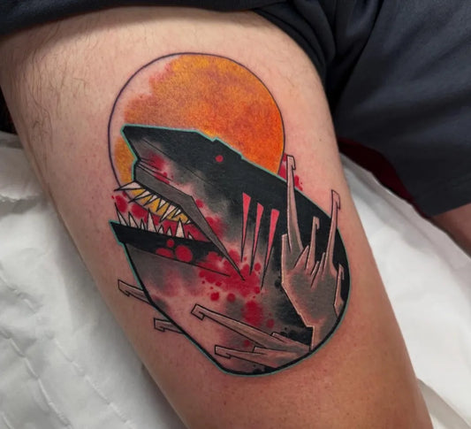 Big Illustrative Great White Shark with Skeleton Hand on Men Thigh Tattoo by @bren3000