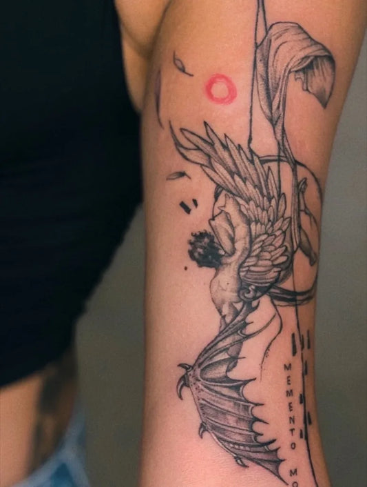 Big Illustrative Icarus with Wings and Sun on Women Arm Tattoo by @mjtattoonyc