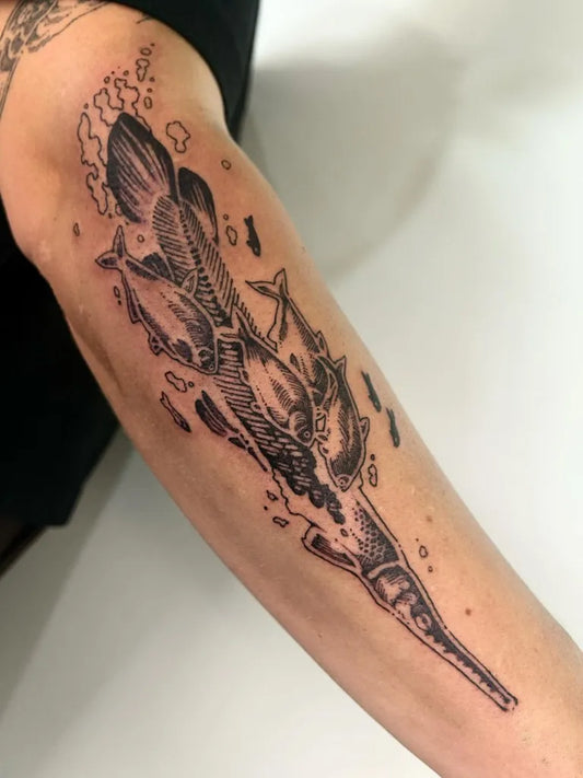 Big Illustrative Koi Fish Tattoo on Men Arm by @clown.collegiate