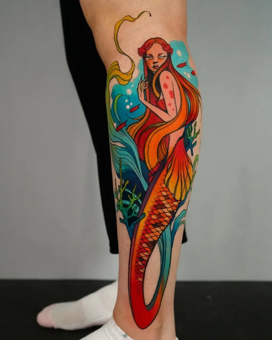 Big Illustrative Mermaid Tattoo on Women Thigh by @masuspetites
