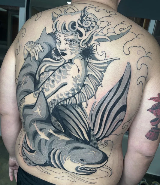 Big Illustrative Mermaid and Shark Tattoo on Men Back by @pajari.tattoo