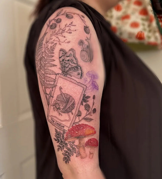 Big Illustrative Mushroom Butterfly Tarot on Women Arm Tattoo by @bagginstattoo