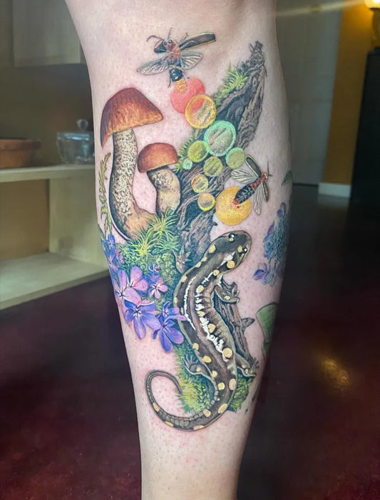 Big Illustrative Mushrooms Salamander and Dragonfly Tattoo on Women Leg by @shilohivyrose