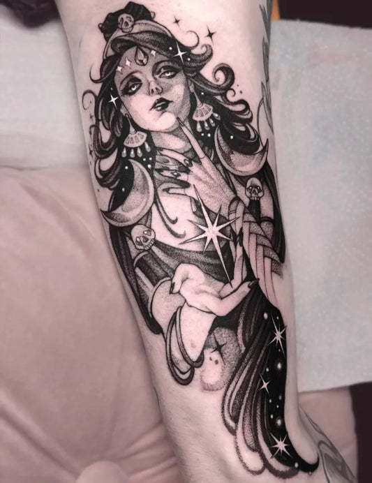 Big Illustrative Mystical Woman with Crescent Moon and Stars Tattoo on Women Arm by @jiangbrulant