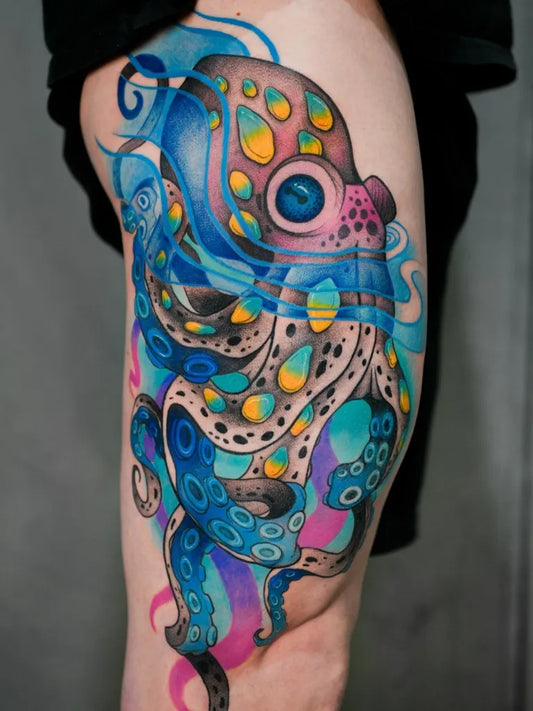 Big Illustrative Neo Traditional Octopus Tattoo on Women Thigh by @l.alisa.tattoo