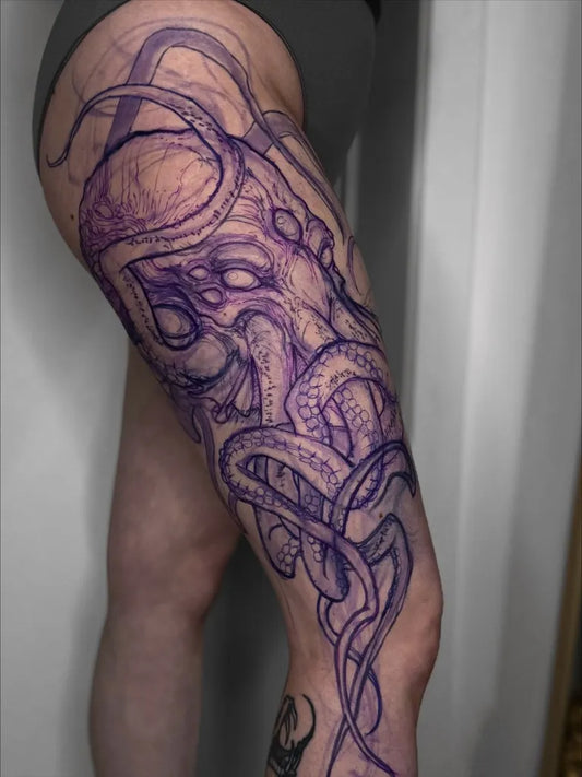 Big Illustrative Octopus Outline Tattoo on Women Thigh by @tessa.von
