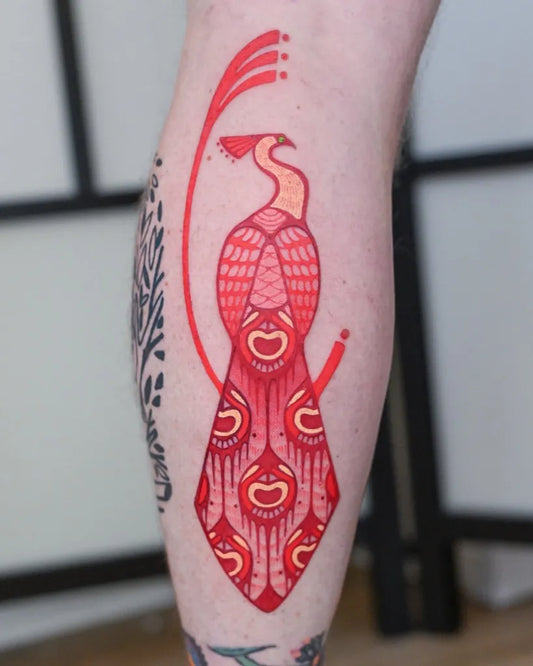 Big Illustrative Peacock Tattoo on Women Thigh by @maxmurphytattoo