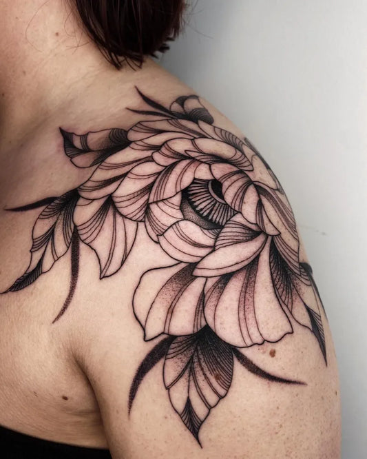 Big Illustrative Peony Flowers Tattoo on Women Shoulder by @lucyharmless