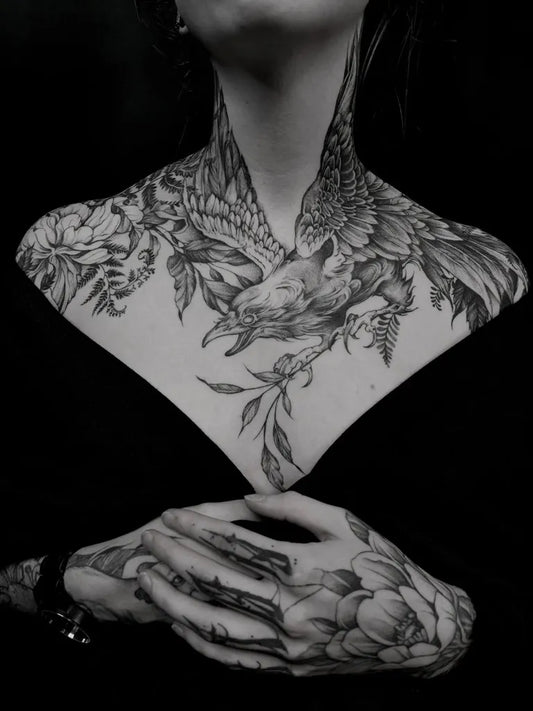 Big Illustrative Phoenix and Flowers Tattoo on Women Neck by @tintenmaid.tattoo