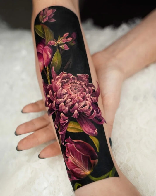 Big Illustrative Pink Chrysanthemum Leaves Tattoo on Women Arm by @myungdo___