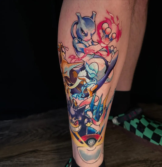 Big Illustrative Pokemon Mewtwo Tattoo on Men Leg by @laboy_ink