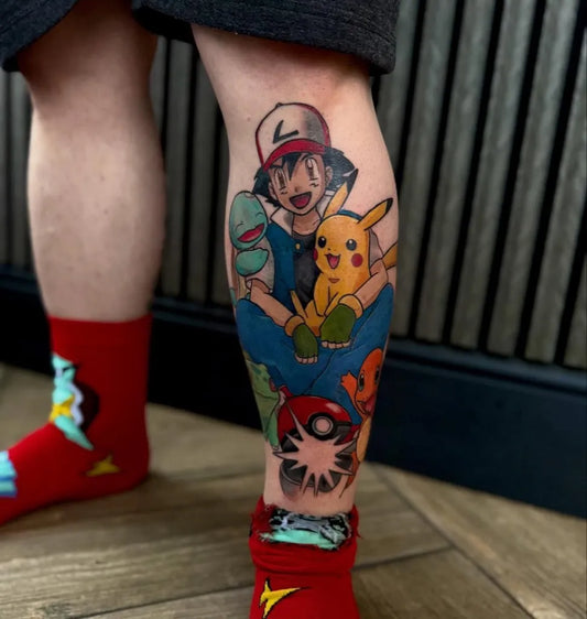 Big Illustrative Pokemon Trainer with Pikachu and Squirtle Tattoo on Men Leg by @lucky_13_tattoo