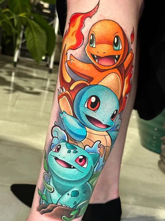 Big Illustrative Pokemon Trio Tattoo on Men Leg by @chynnajade.tattoos