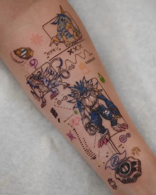 Big Illustrative Pokemon Veemon and Terriermon Tattoo on Women Arm by @kimi_tattooist
