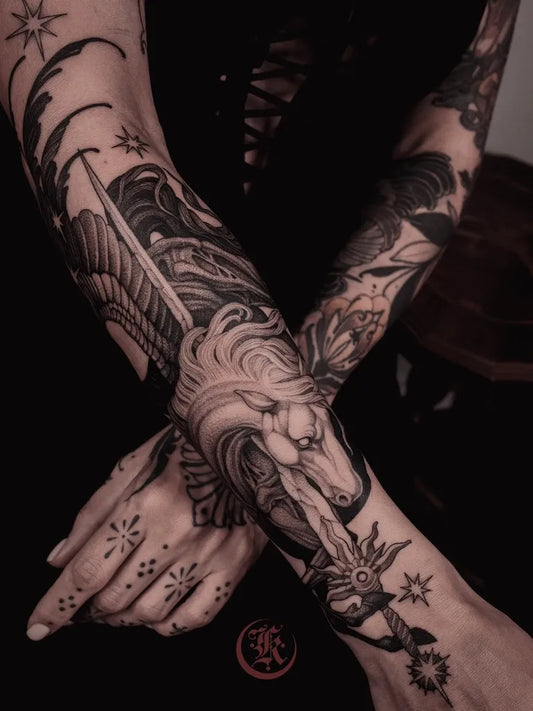 Big Illustrative Sphinx Sword Wings Tattoo on Women Arms by @she_is