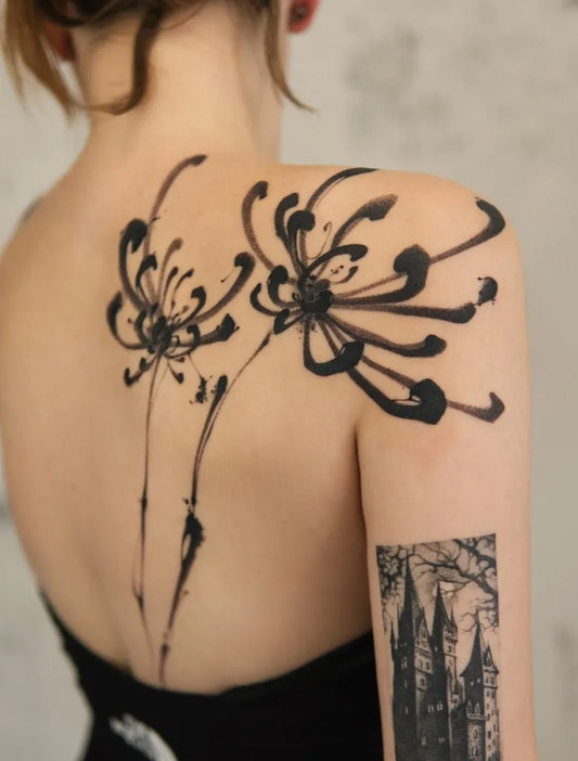Big Ink Art Style Strelitzia and Gothic Castle on Women Upper Back Flower Tattoo by @andy.molotov