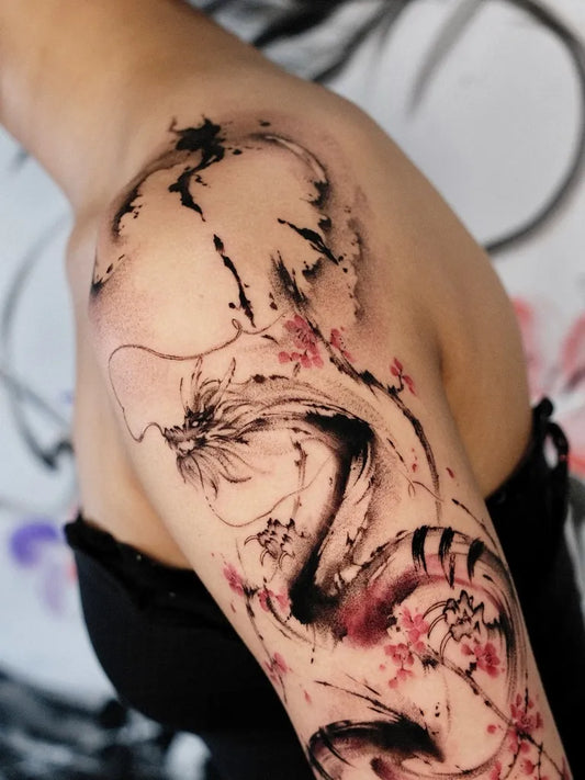 Big Ink Wash Dragon and Cherry Blossoms on Women Shoulder Tattoo by @aram_oriental
