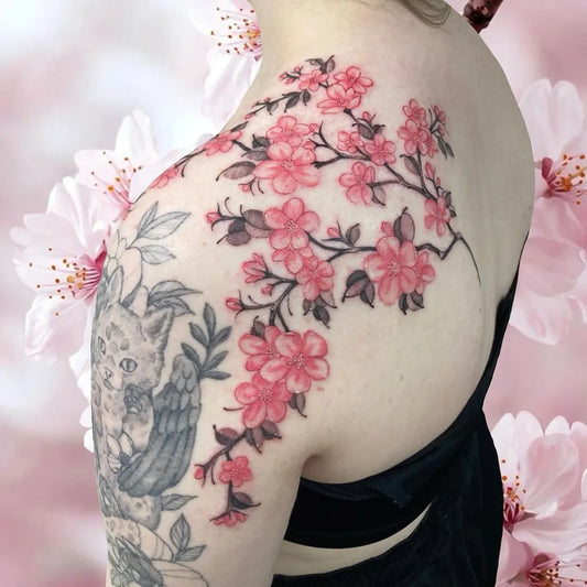Big Irezumi Cherry Blossom Cat Women Shoulder Tattoo by @amygreentattoo