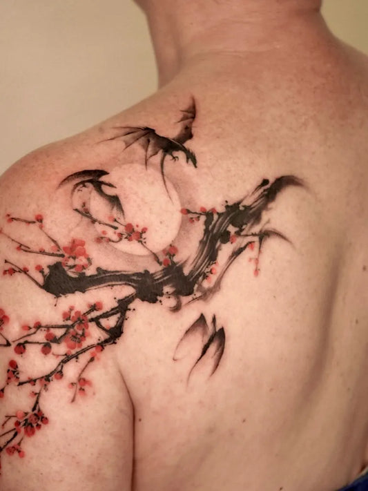 Big Irezumi Cherry Blossom Dragon Bats on Men Shoulder Tattoo by @unknown.museum