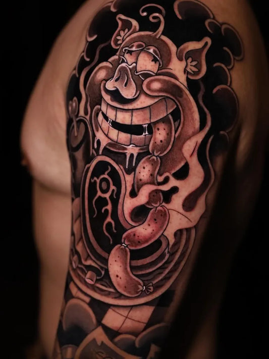Big Irezumi Cheshire Cat with Sausages Cartoon Tattoo on Men Arm by @ct_ta2
