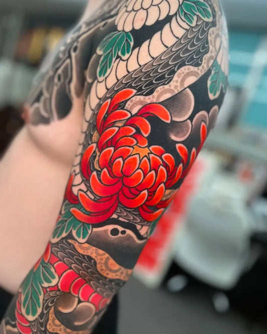 Big Irezumi Chrysanthemum Red and Dragon Sleeve Tattoo on Men Arm by @deaky__irezumi