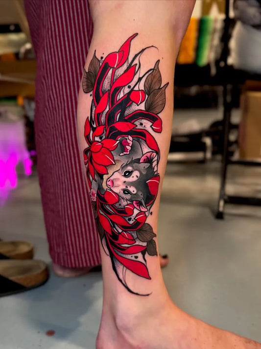 Big Irezumi Chrysanthemum and Possum Nature Tattoo on Women Leg by @shortyadtrtattoos