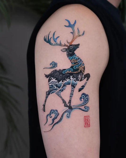 Big Irezumi Deer with Waves and Clouds Tattoo on Men Shoulder by @inktattoo_nako