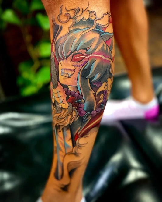 Big Irezumi Demon with Swords Tattoo on Women Calf by @bigbad_kenn