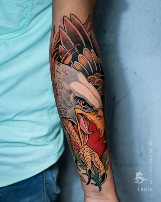 Big Irezumi Eagle with Claws Tattoo on Men Arm by @lizardsskintattoos