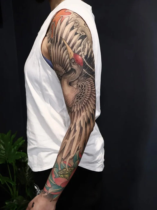 Big Irezumi Flamingo Tattoo on Men Arm by @vinny_blkbtattoos