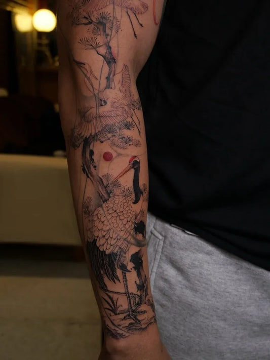 Big Irezumi Flamingo and Lotus Tattoo on Men Arm by @babla.tattoo