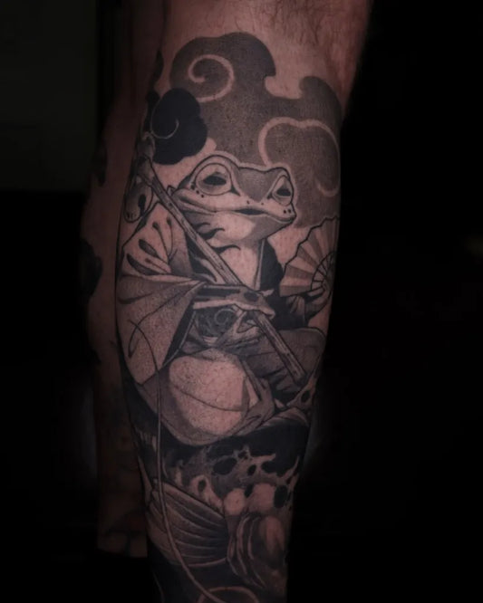 Big Irezumi Frog with Lotus and Clouds Tattoo on Men Leg by @tuno.draws
