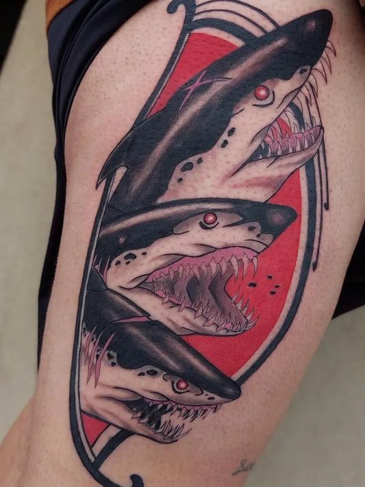 Big Irezumi Great White Sharks on Men Thigh Tattoo by @valepersa_tattoo