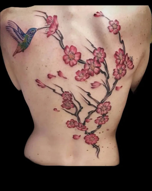 Big Irezumi Hummingbird Cherry Blossom Tree on Women Back Tattoo by @clearvisiontattoo