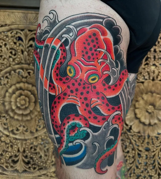 Big Irezumi Japanese Red Octopus with Waves Tattoo on Men Thigh by @monzuki