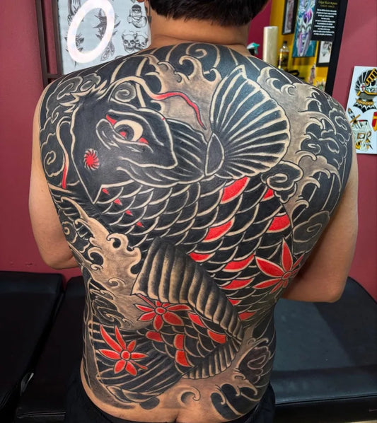 Big Irezumi Koi Fish and Peonies on Men Back Tattoo by @og_juicebox