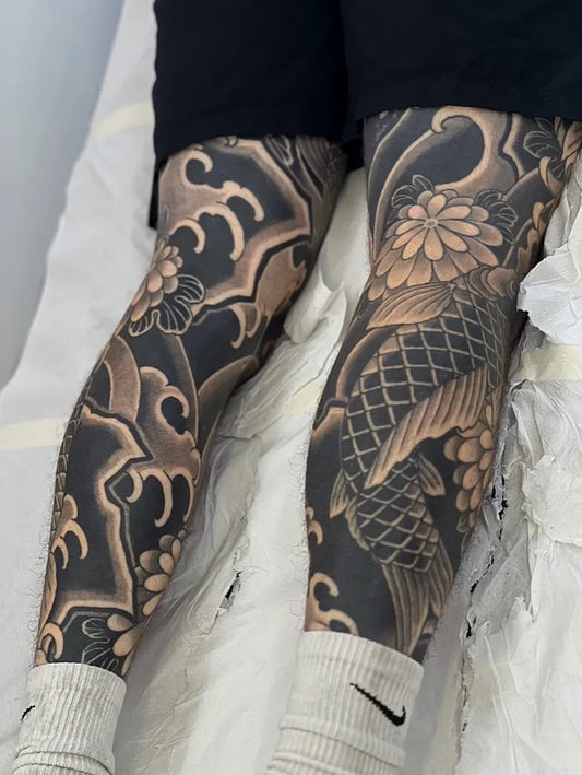 Big Irezumi Koi and Peonies on Men Leg Tattoo by @deneka_