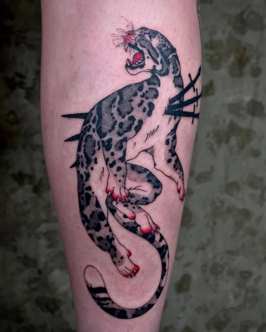 Big Irezumi Leopard with Spikes Tattoo on Men Calf by @stucknstoked