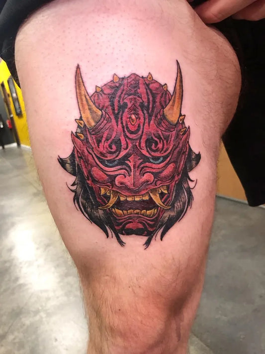 Big Irezumi Oni Mask on Men Thigh Tattoo by @scotty_robotty
