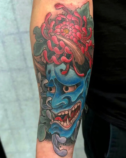 Big Irezumi Oni Mask with Chrysanthemum on Men Arm Tattoo by @shanghaitattoo916
