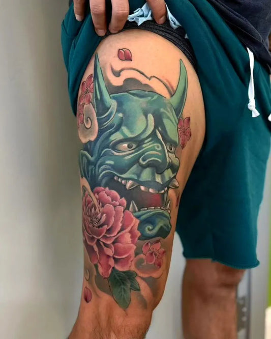 Big Irezumi Oni Mask with Peony and Waves on Men Thigh Tattoo by @shanghaitattoo916