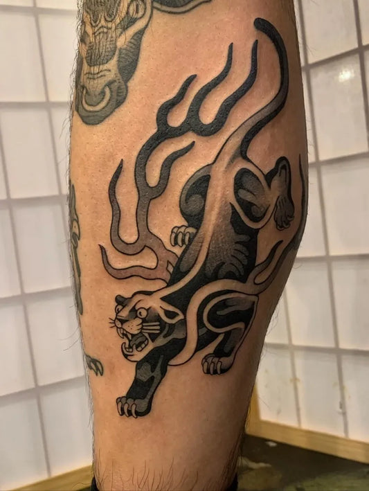 Big Irezumi Panther Tattoo on Men Leg by @thankstattoosydney