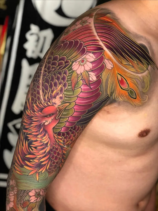 Big Irezumi Phoenix and Cherry Blossoms on Men Shoulder Tattoo by @yooho_onicave