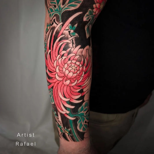 Big Irezumi Red Chrysanthemum Leaves Tattoo on Men Arm by @cbinktattoobrisbane