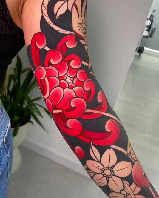 Big Irezumi Red Chrysanthemum and White Flowers Tattoo on Women Arm by @irezumiartist
