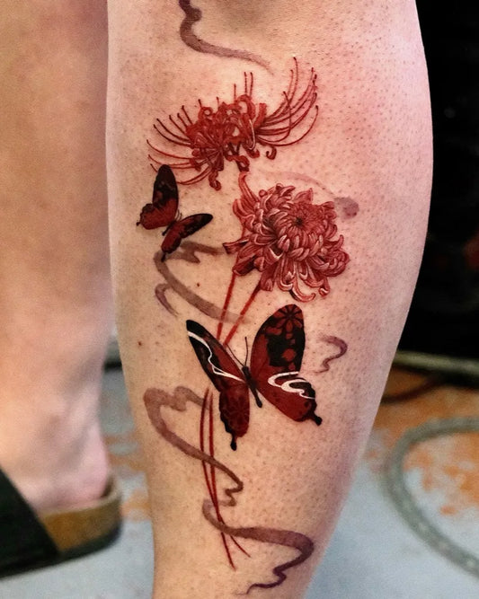 Big Irezumi Red Spider Lily and Butterflies Tattoo on Women Leg by @myo_ryung
