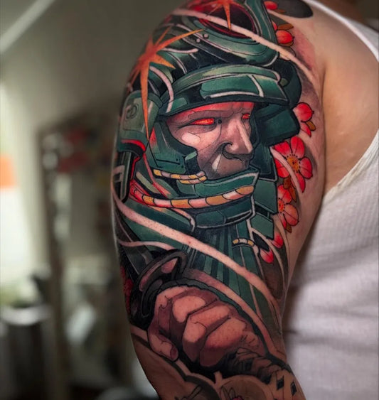 Big Irezumi Samurai Helmet and Cherry Blossoms Tattoo on Men Arm by @storbone