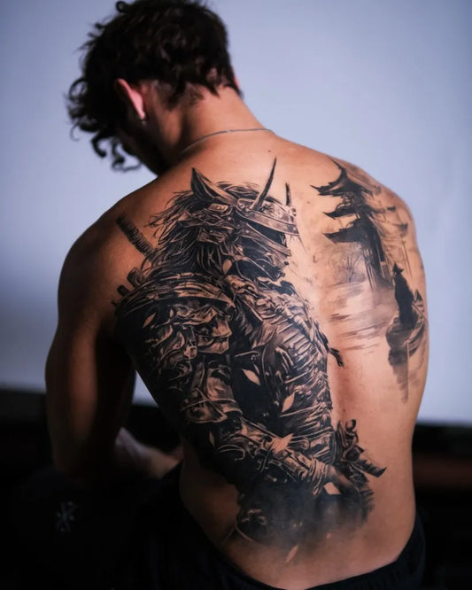 Big Irezumi Samurai with Cherry Blossoms and Mountains Tattoo on Men Back by @damianolucidi